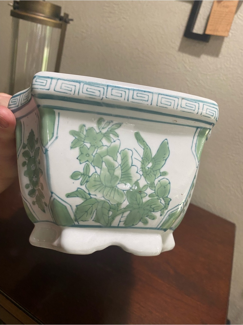 Rectangular Ceramic Planter, Distinctive Green & White Chinoiserie Floral Design - Picture 4 of 12